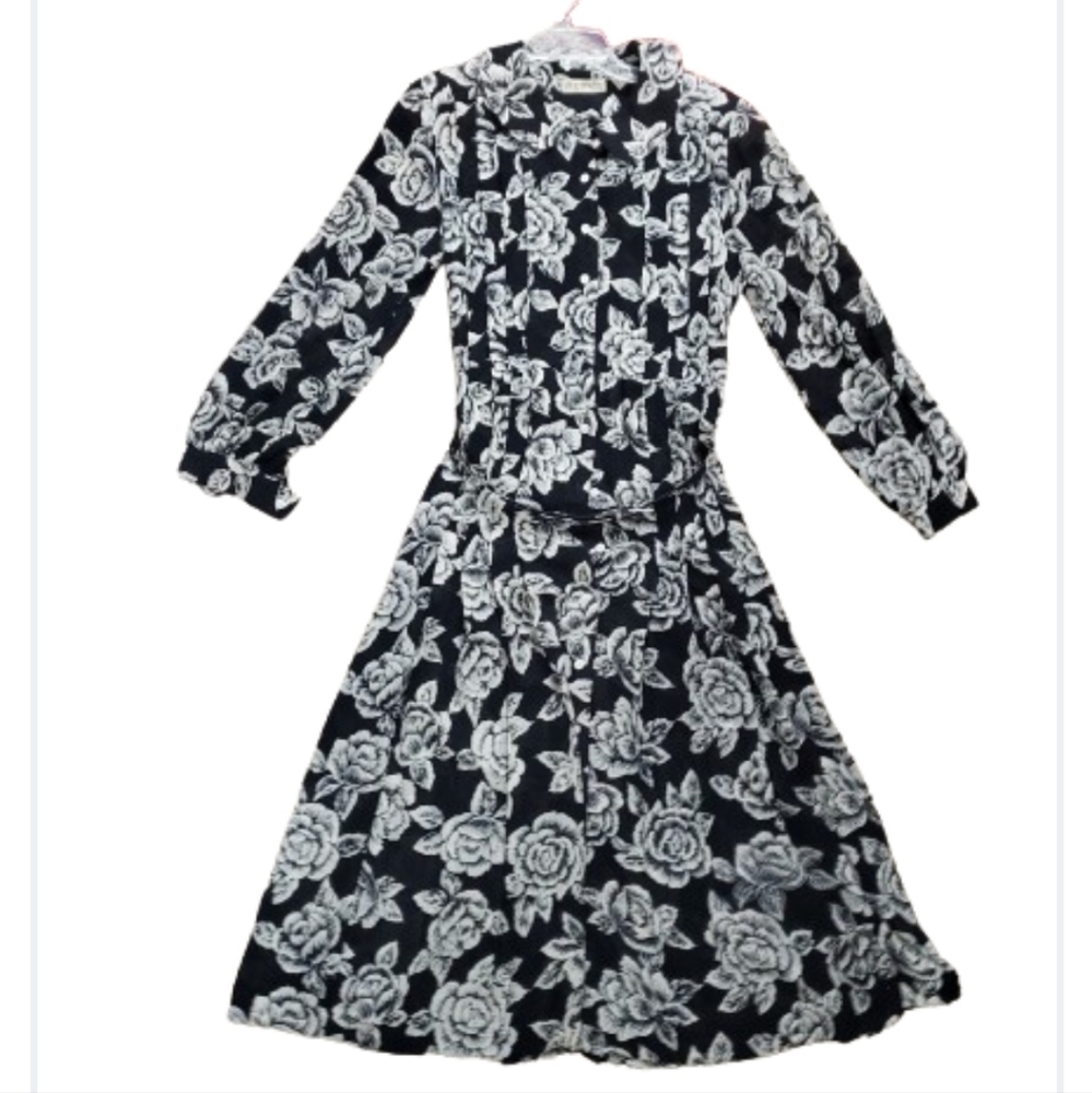Vintage 80s Liz Claiborne Dress Pleats Flower Print Floral Button-front  Size 10